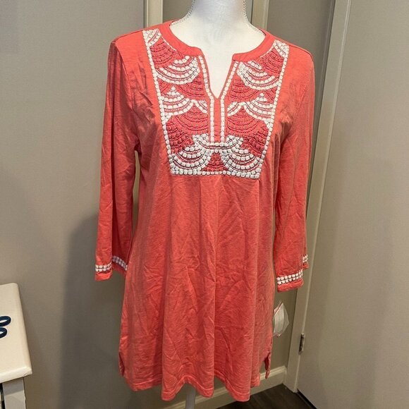 NWT Charter Club Embroidered Beaded Coral Tunic, Size Medium - Picture 1 of 12